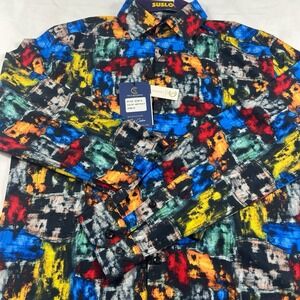 Suslo Couture Mens Medium Button Up Multicolored Loud Camp Art Paint Print Shirt